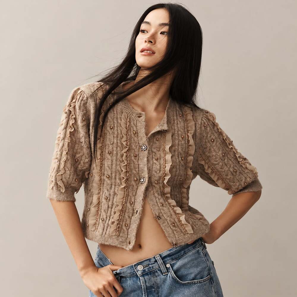 ANTHROPOLOGIE x MAEVE Short-Sleeve Embellished Ruffle Cardigan Sweater Sz S {M7}
